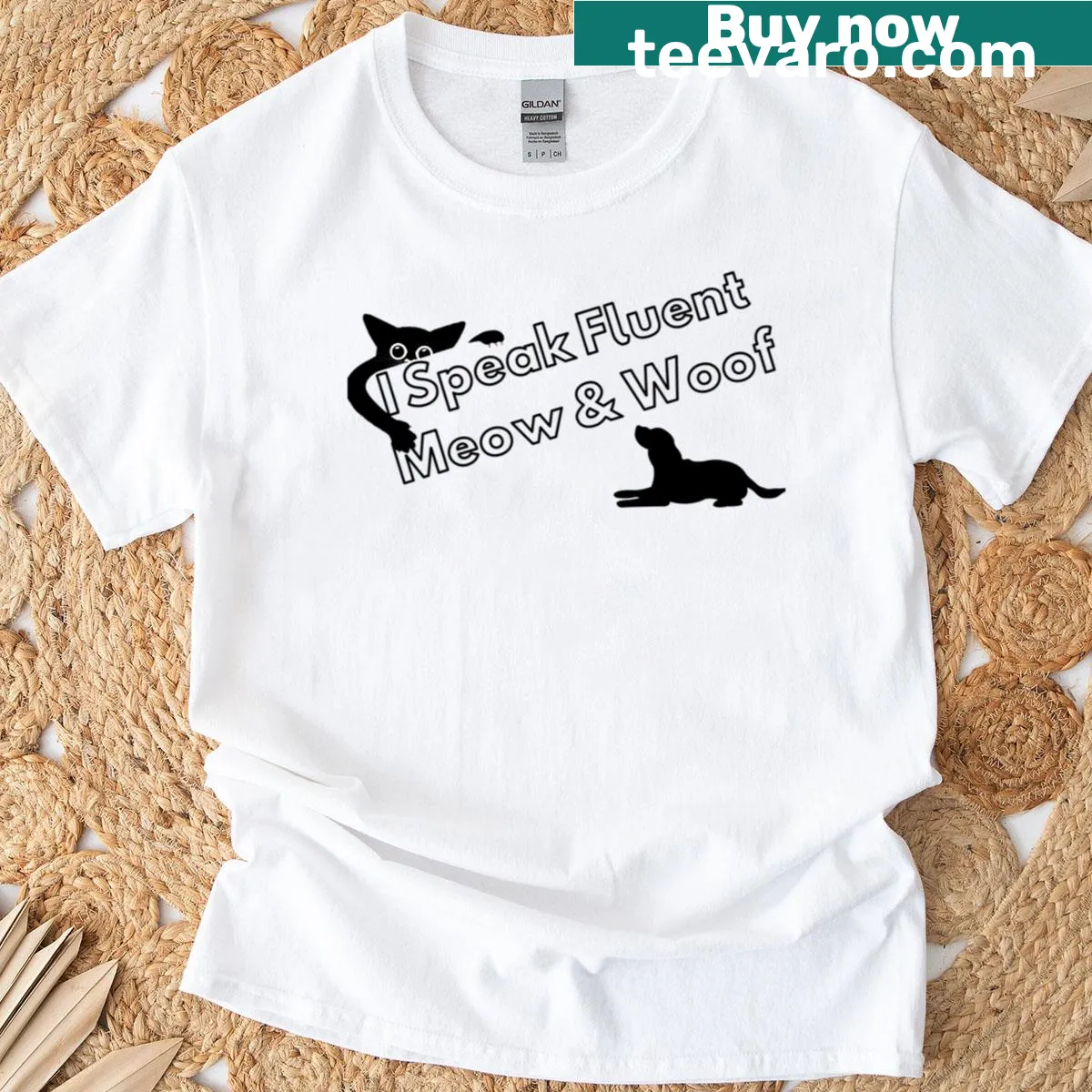 Veterinarian-themed t-shirt with 'I Speak Fluent Meow Woof' text — on a men's t-shirt