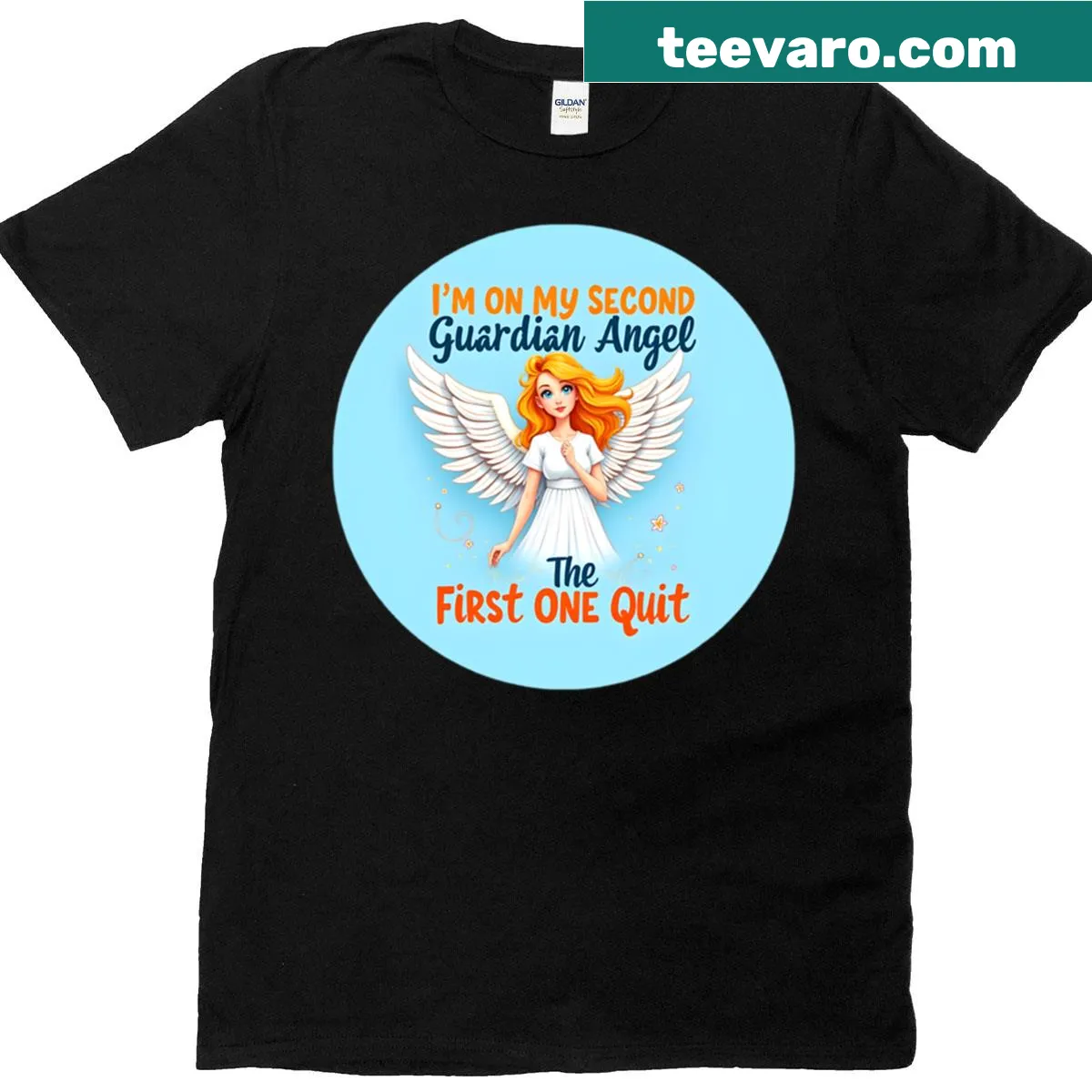 T-shirt with a funny guardian angel and phone case graphic — on a men's t-shirt
