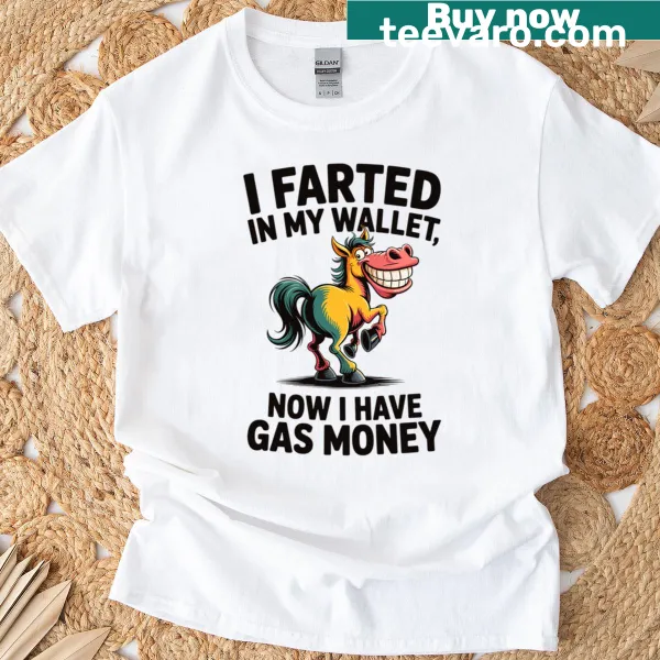 Cartoon horse graphic asking for gas money on t-shirt