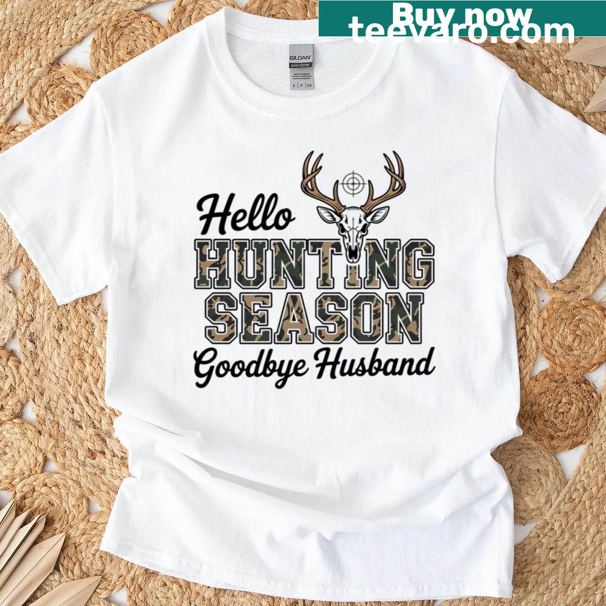 Camo t-shirt featuring a funny deer skull design — on a men's t-shirt