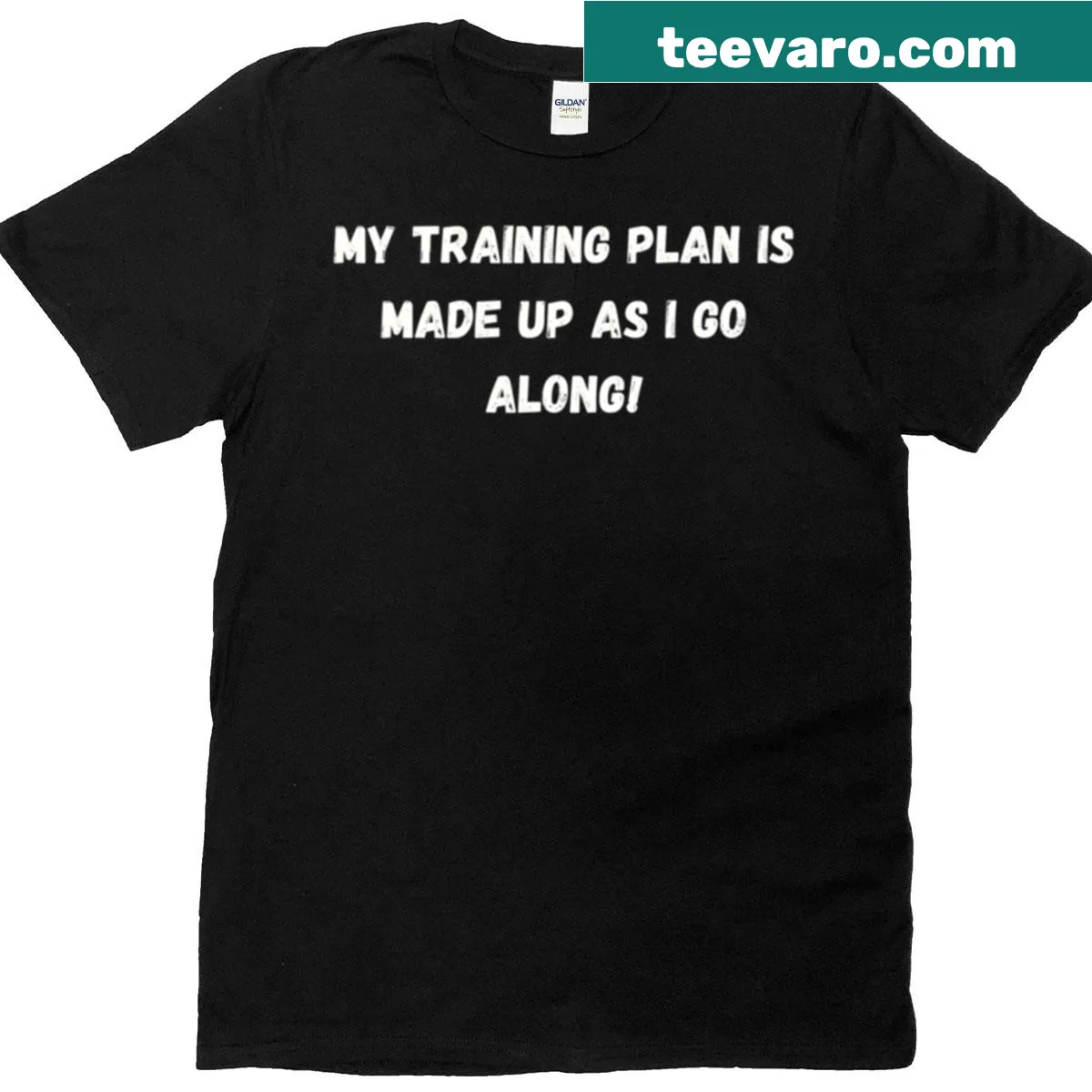 Funny fitness shirt with 'Improvised Training Plan' quote — on a men's t-shirt