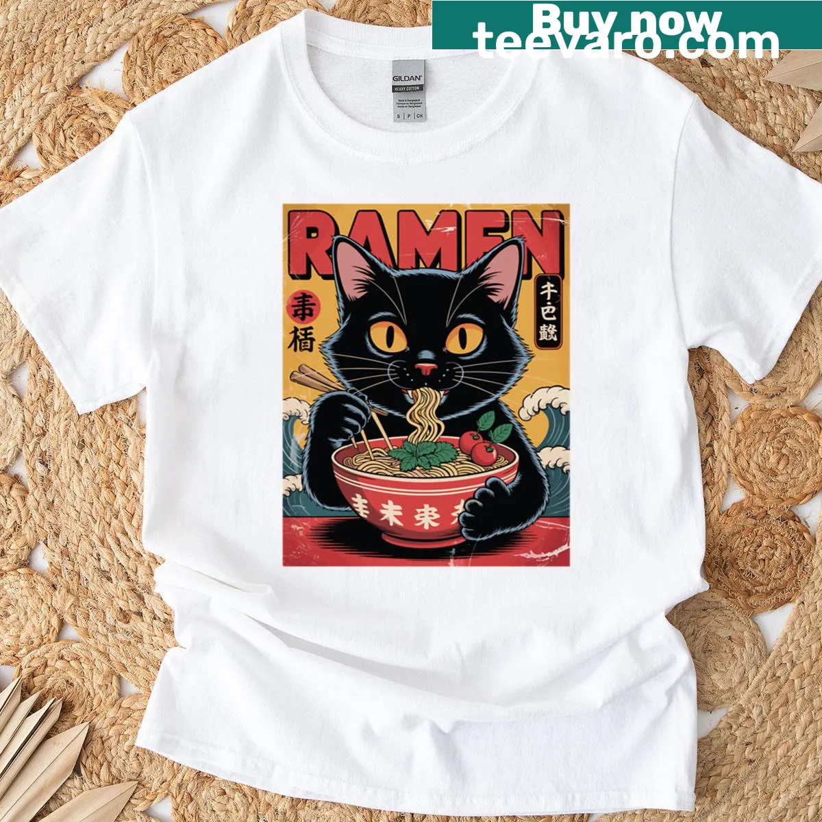 Oversized cat manga T-shirt featuring a cat chef and ramen bowl — on a men's t-shirt