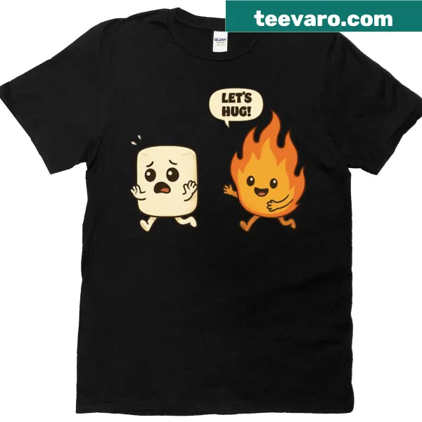 Cartoon marshmallow hugging a fire graphic on a humorous T-shirt