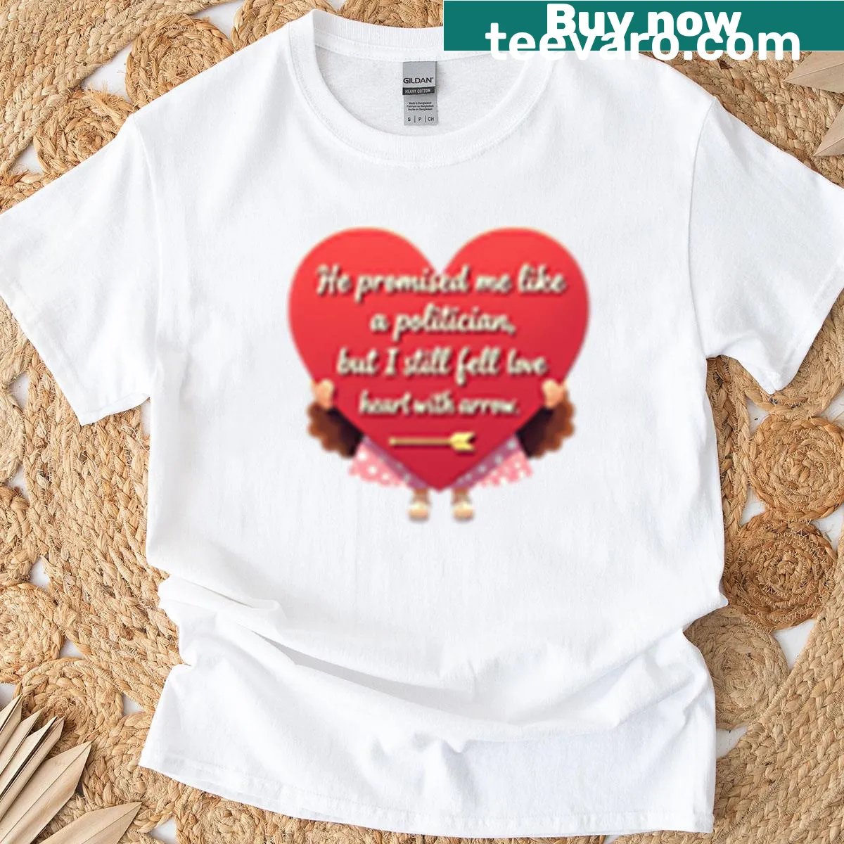 Cartoon illustration of a girl with a love quote about politicians — on a men's t-shirt