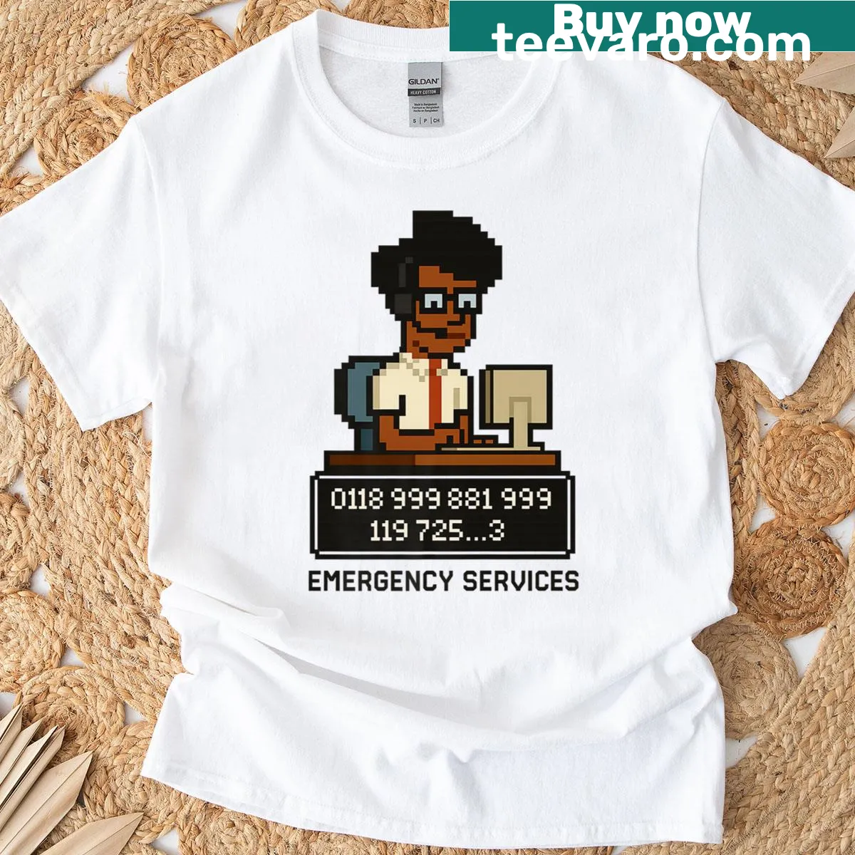 Funny retro pixel art emergency number t-shirt — on a men's t-shirt