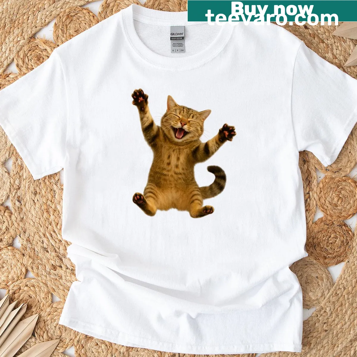 Cute t-shirt with playful standing cat illustration for cat lovers — on a men's t-shirt