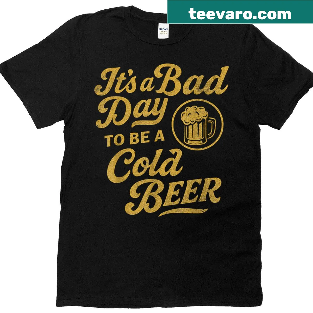 Distressed graphic with humorous saying about cold beer — on a men's t-shirt