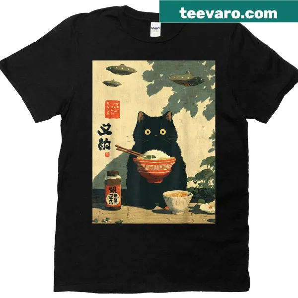 Kawaii style cat in UFO with funny text on T-shirt