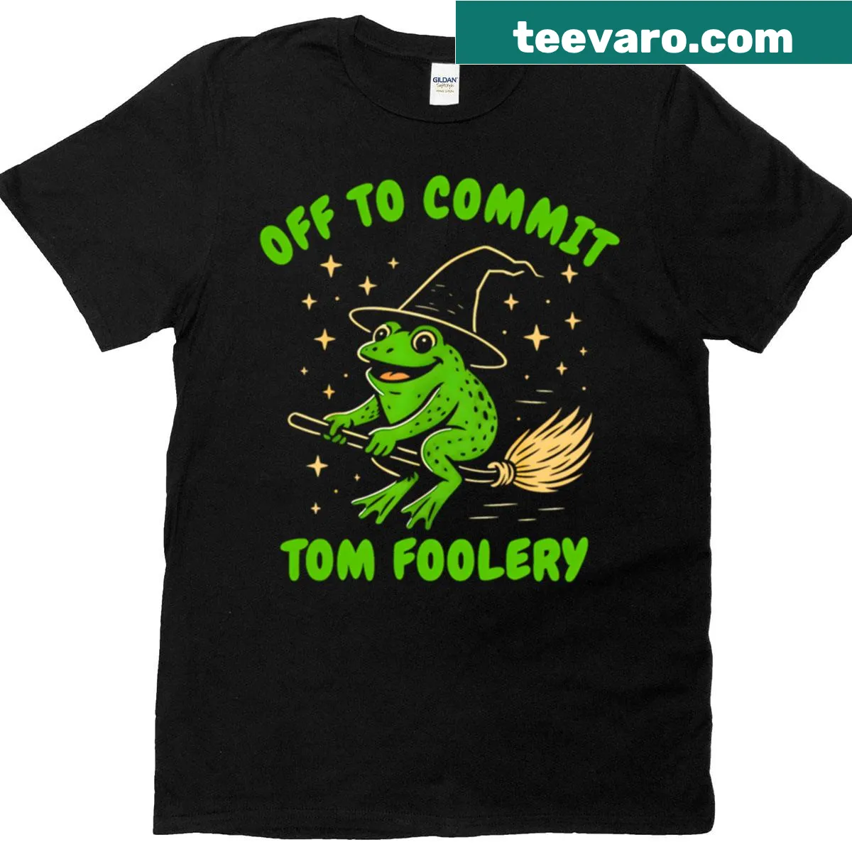 Wizard frog illustration with humorous and quirky text design — on a men's t-shirt