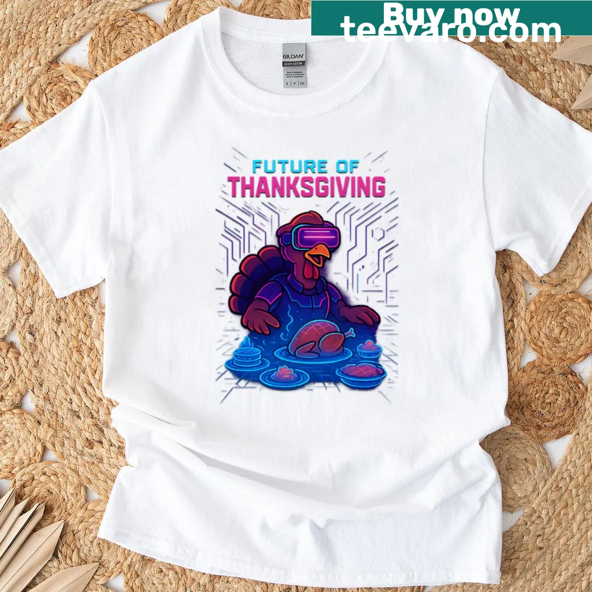 Cyberpunk turkey VR feast Thanksgiving t-shirt — on a men's t-shirt