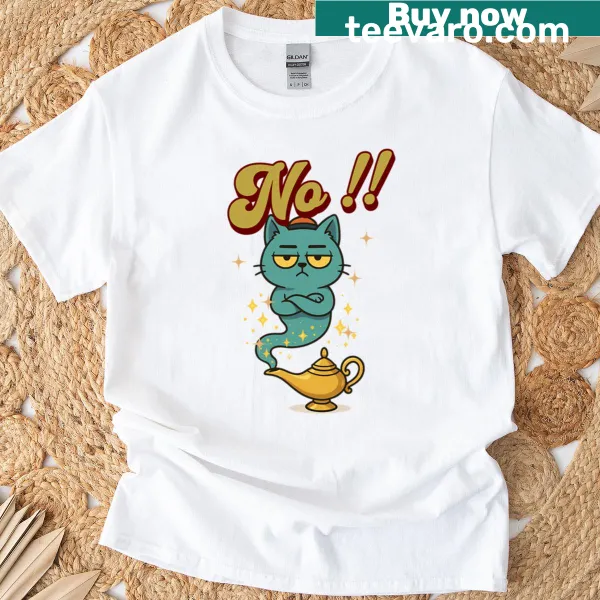 Cartoon genie cat with a hat and a cheeky grin on a t-shirt