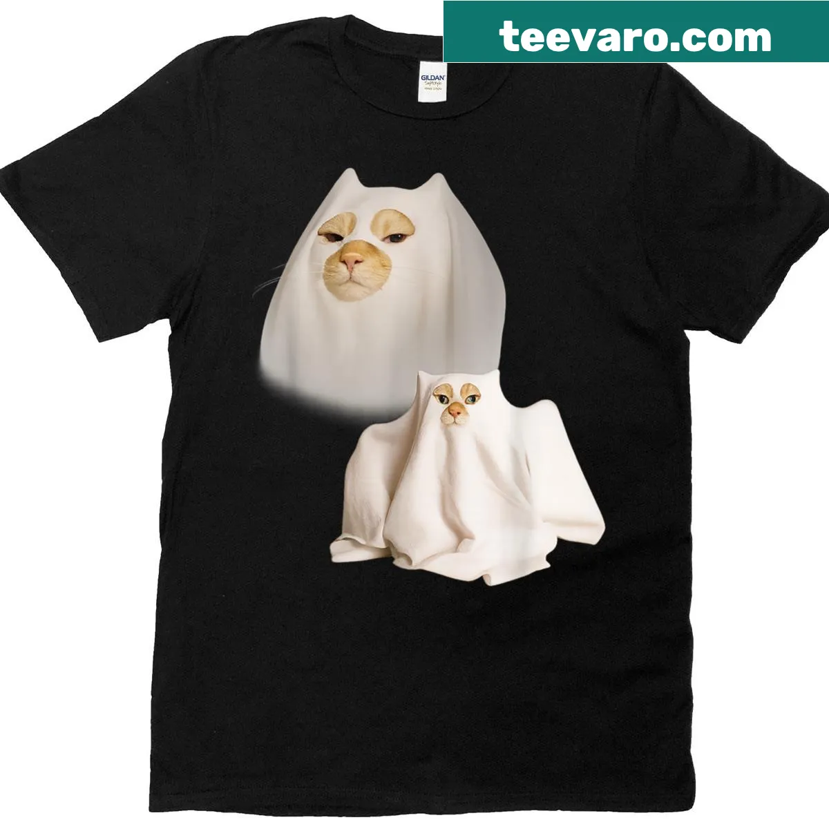 Funny ghost cat meme T-shirt suitable for all ages. — on a men's t-shirt
