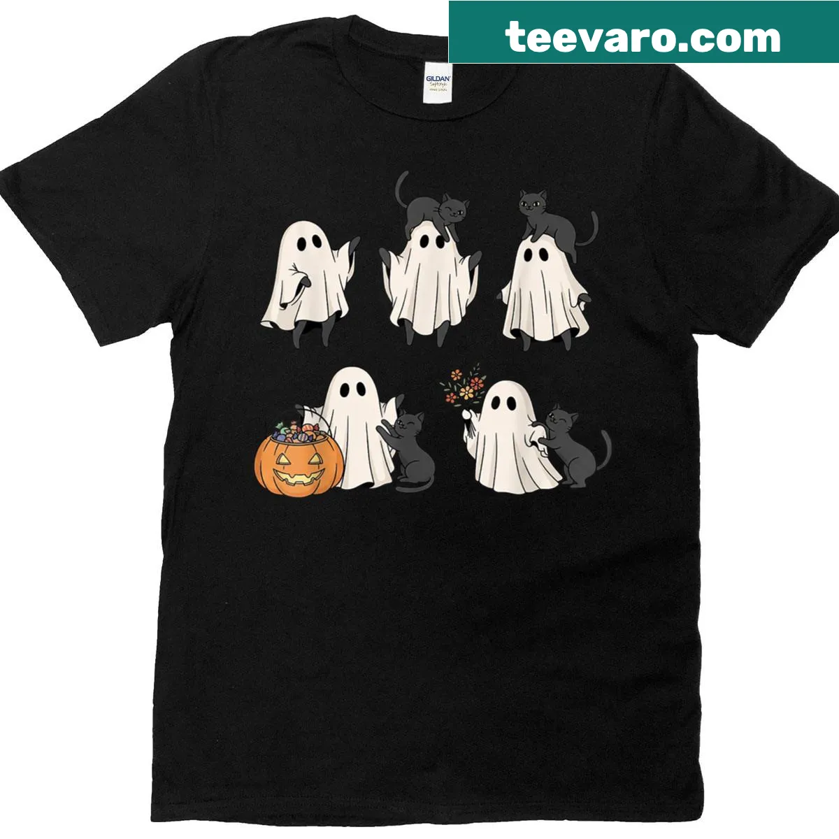 Halloween t-shirt with a ghost holding a black cat design — on a men's t-shirt
