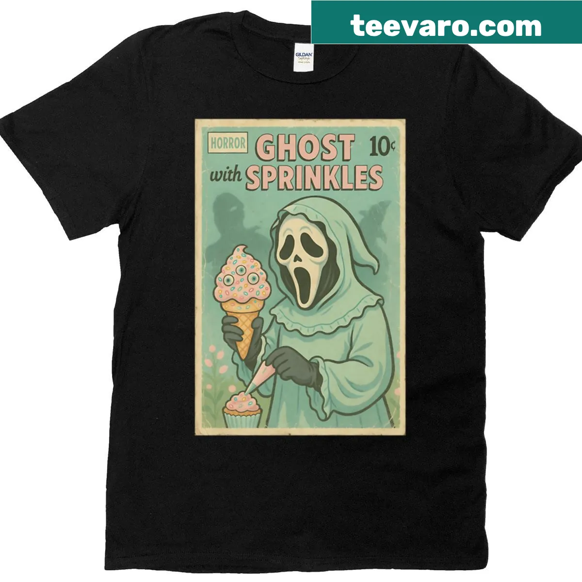 Cute Halloween t-shirt featuring a ghost with sprinkles — on a men's t-shirt