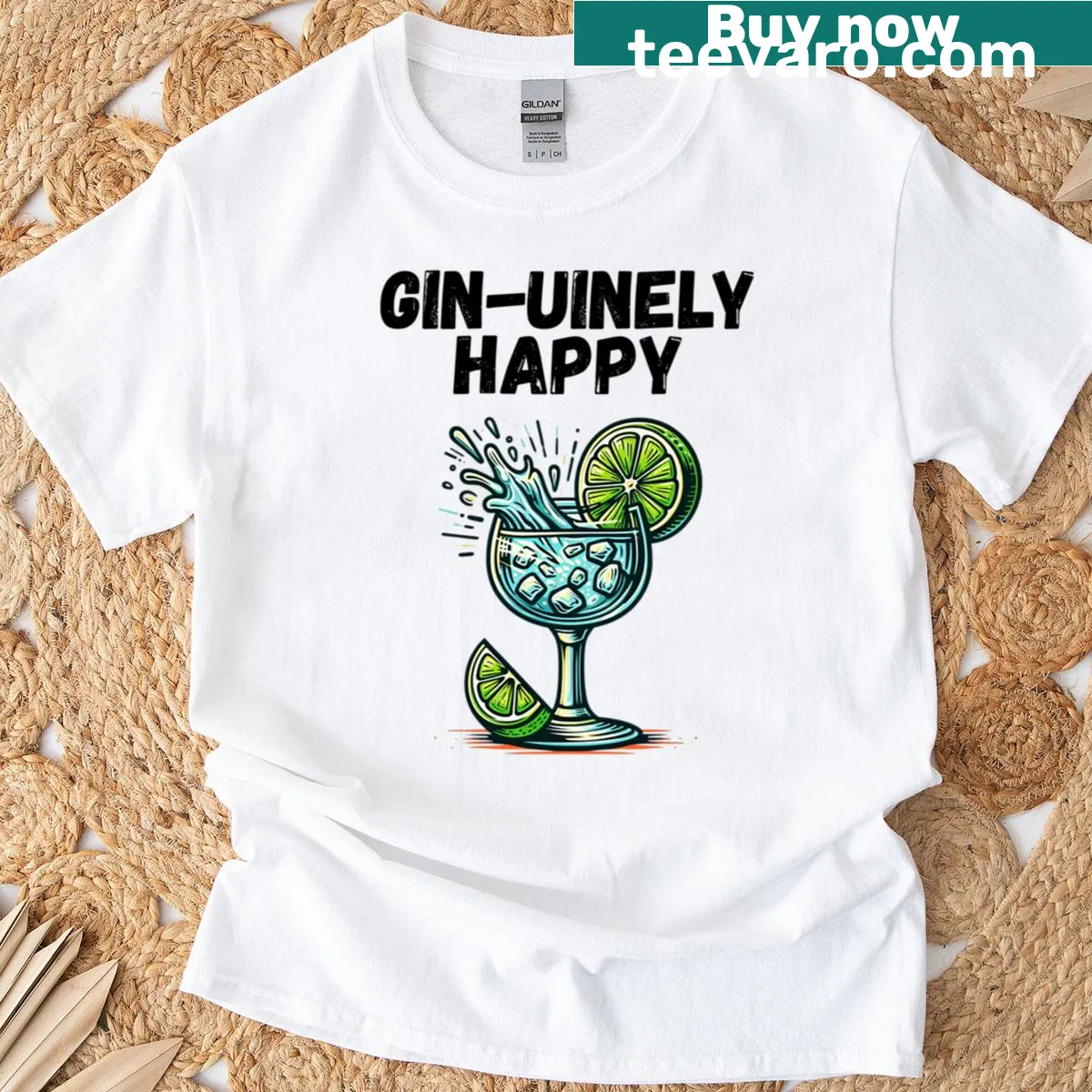 Funny gin pun t-shirt with 'Gin-uinely Happy' text — on a men's t-shirt