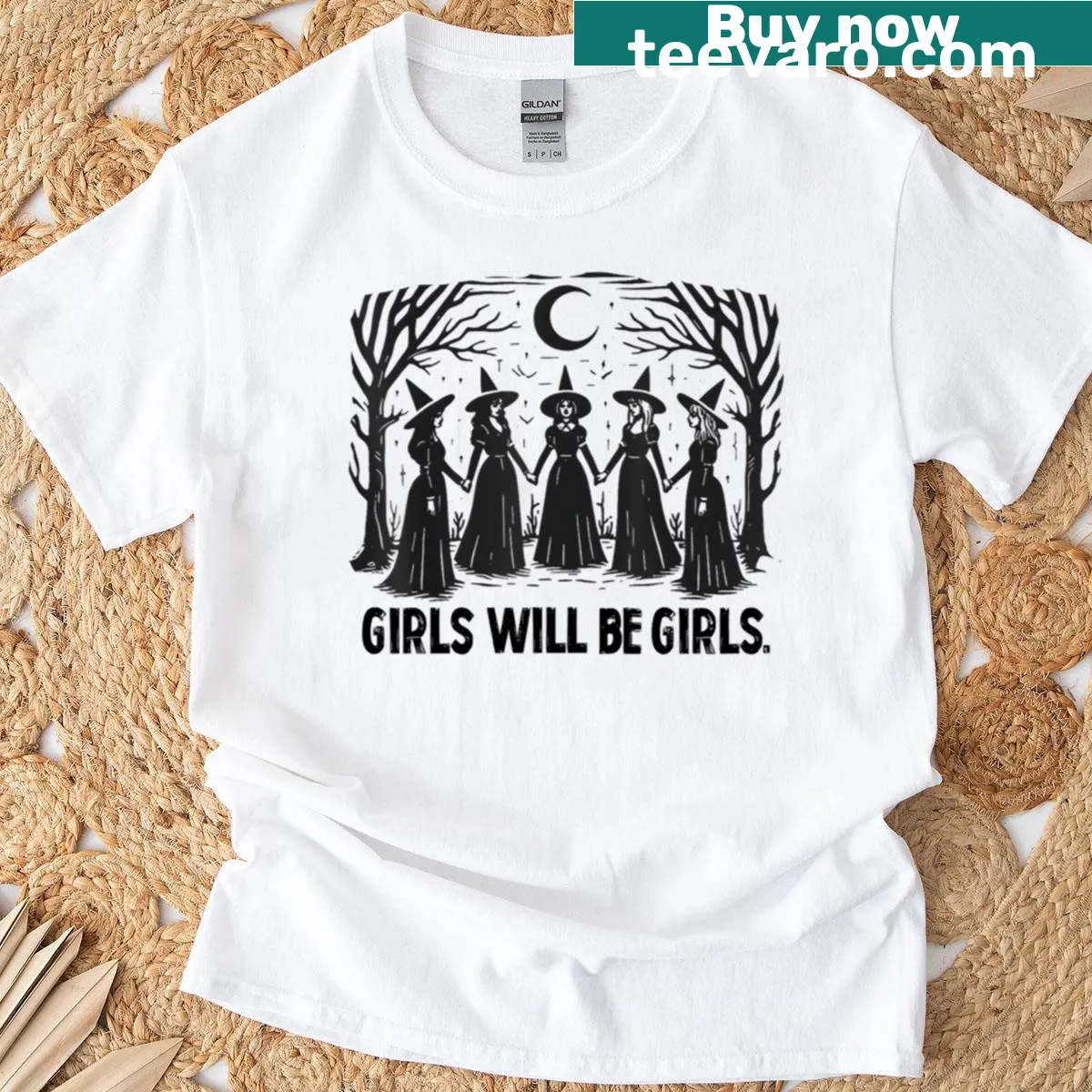 Funny witchy vibes t-shirt with 'Girl Will Be Girl' text — on a men's t-shirt