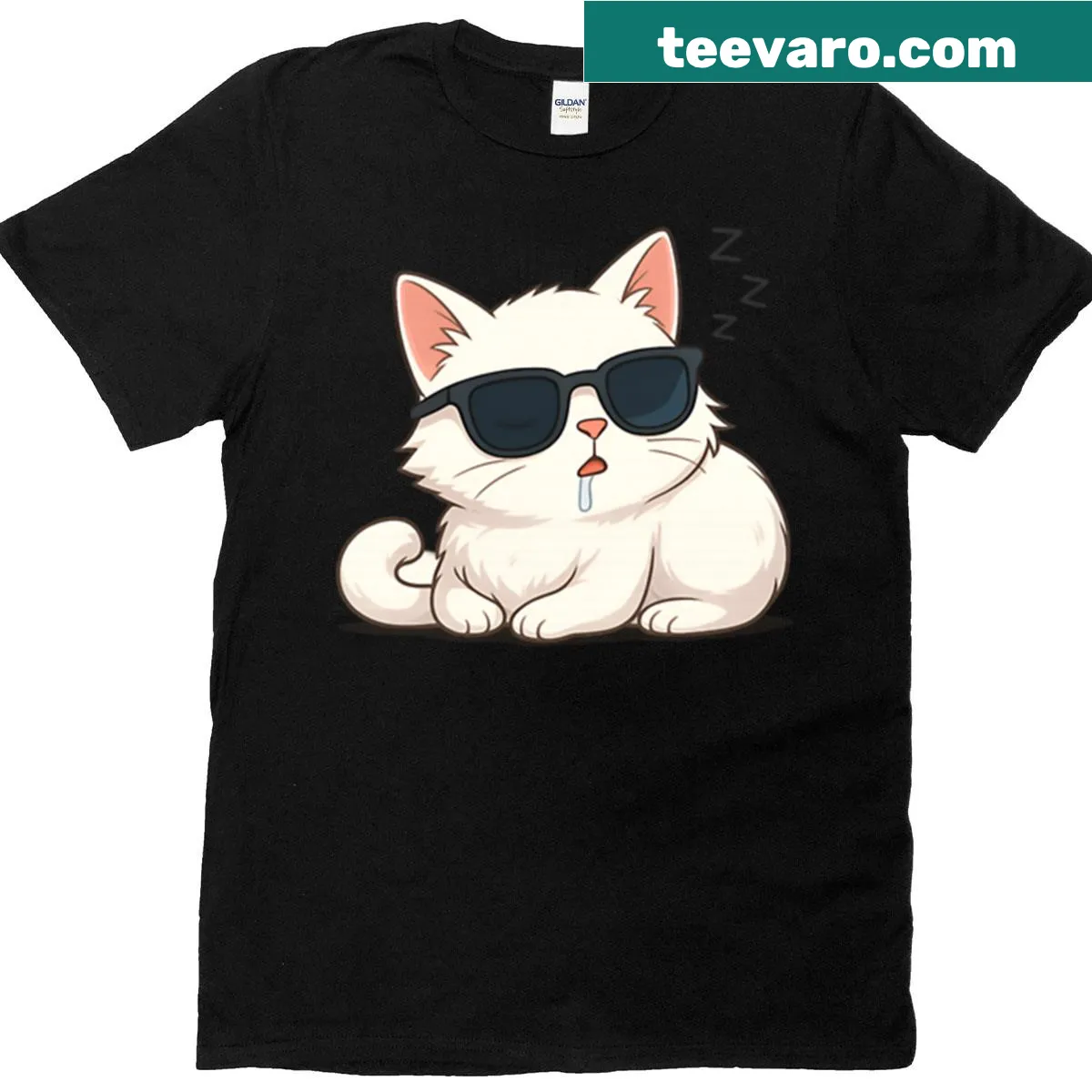 Chibi-style white cat with sunglasses and drooling graphic — on a men's t-shirt