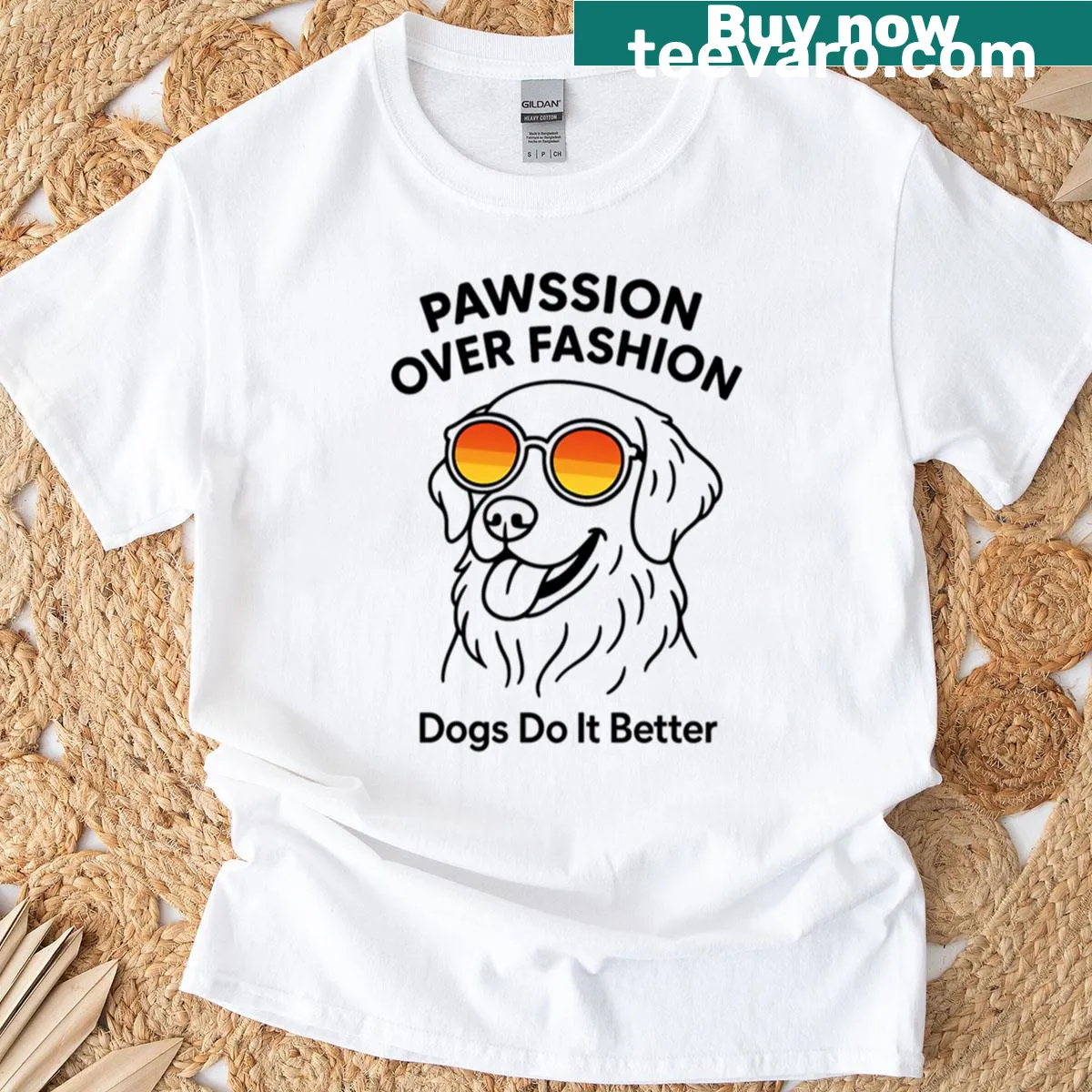 T-shirt featuring a nostalgic illustration of a golden retriever in sunglasses — on a men's t-shirt