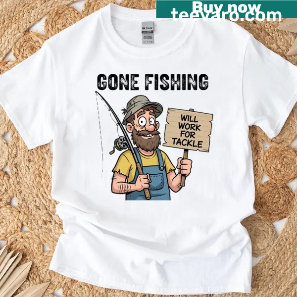 Text saying 'Gone Fishing' on a casual t-shirt