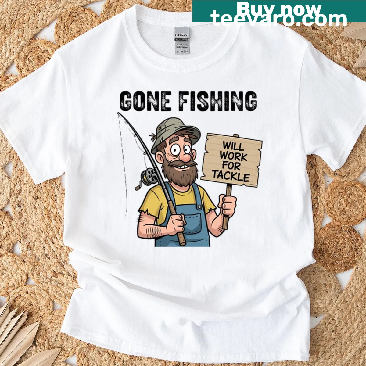 Text saying 'Gone Fishing' on a casual t-shirt — on a men's t-shirt