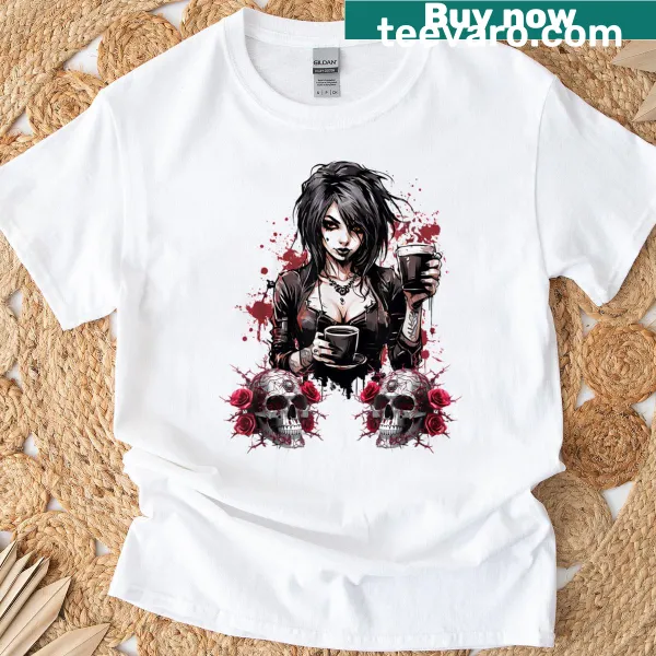 Gothic-themed T-shirt featuring a woman with roses and skulls, appealing to dark aesthetic fans.