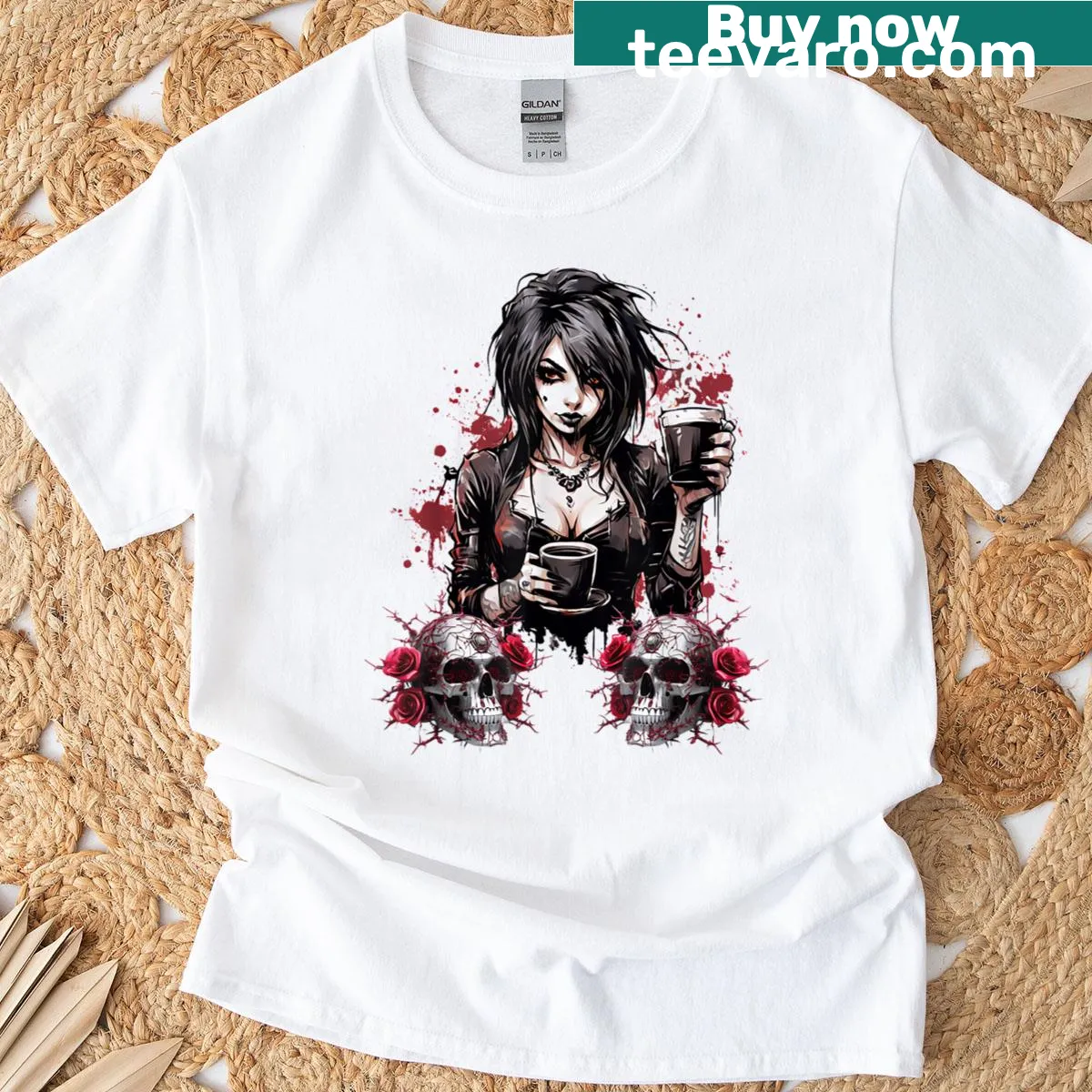 Gothic-themed T-shirt featuring a woman with roses and skulls, appealing to dark aesthetic fans. — on a men's t-shirt