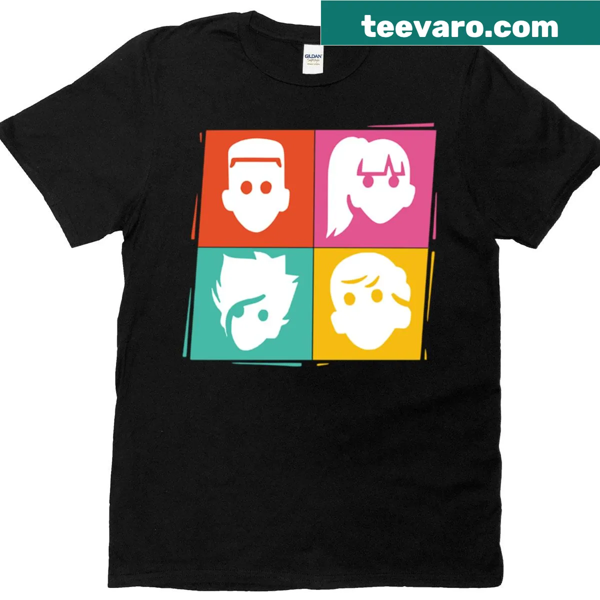 Whimsical design featuring various character faces on a t-shirt — on a men's t-shirt
