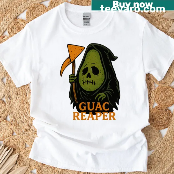 Grim avocado character with tortilla scythe in a fun graphic