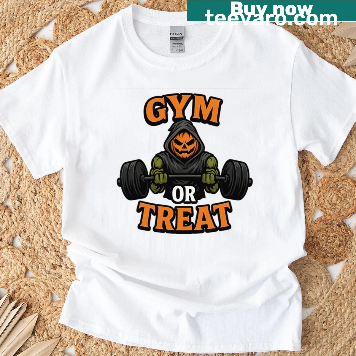Halloween pumpkin lifting weights with 'Gym Or Treat' text — on a men's t-shirt