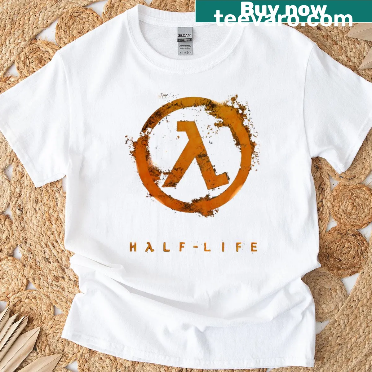 Minimalist T-shirt with line-art design inspired by Half Life — on a men's t-shirt