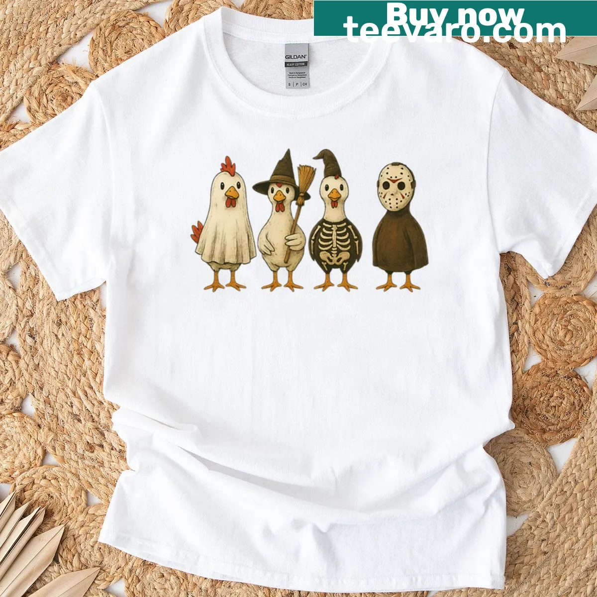 Cartoon chickens in costumes on a Halloween t-shirt — on a men's t-shirt