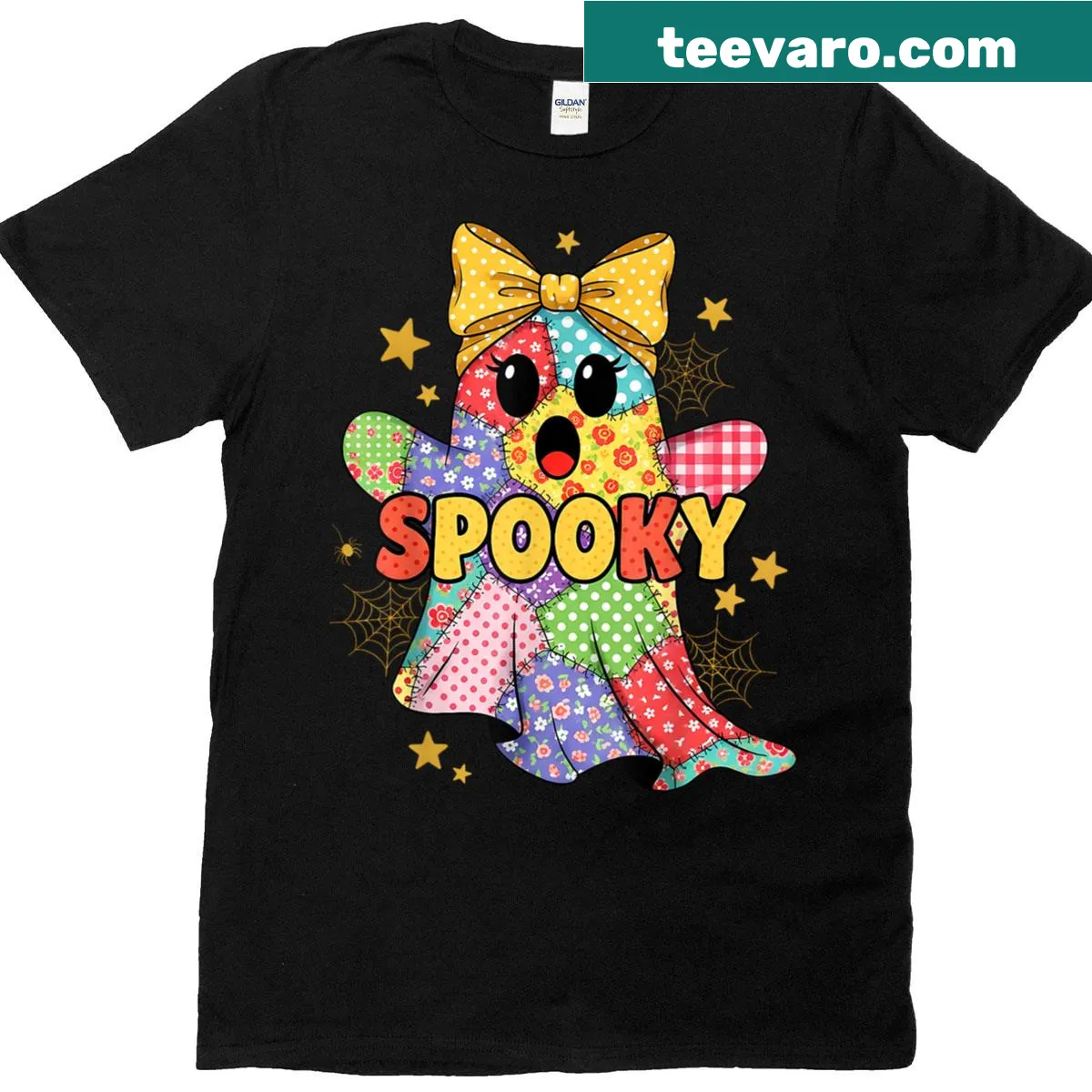 Cute patchwork ghost design T-shirt for Halloween. — on a men's t-shirt