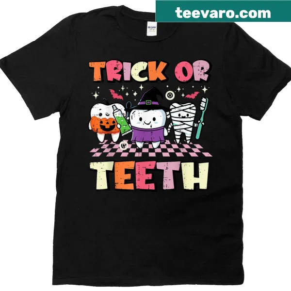 Humorous Halloween Dentist t-shirt with 'Trick or Teeth' text