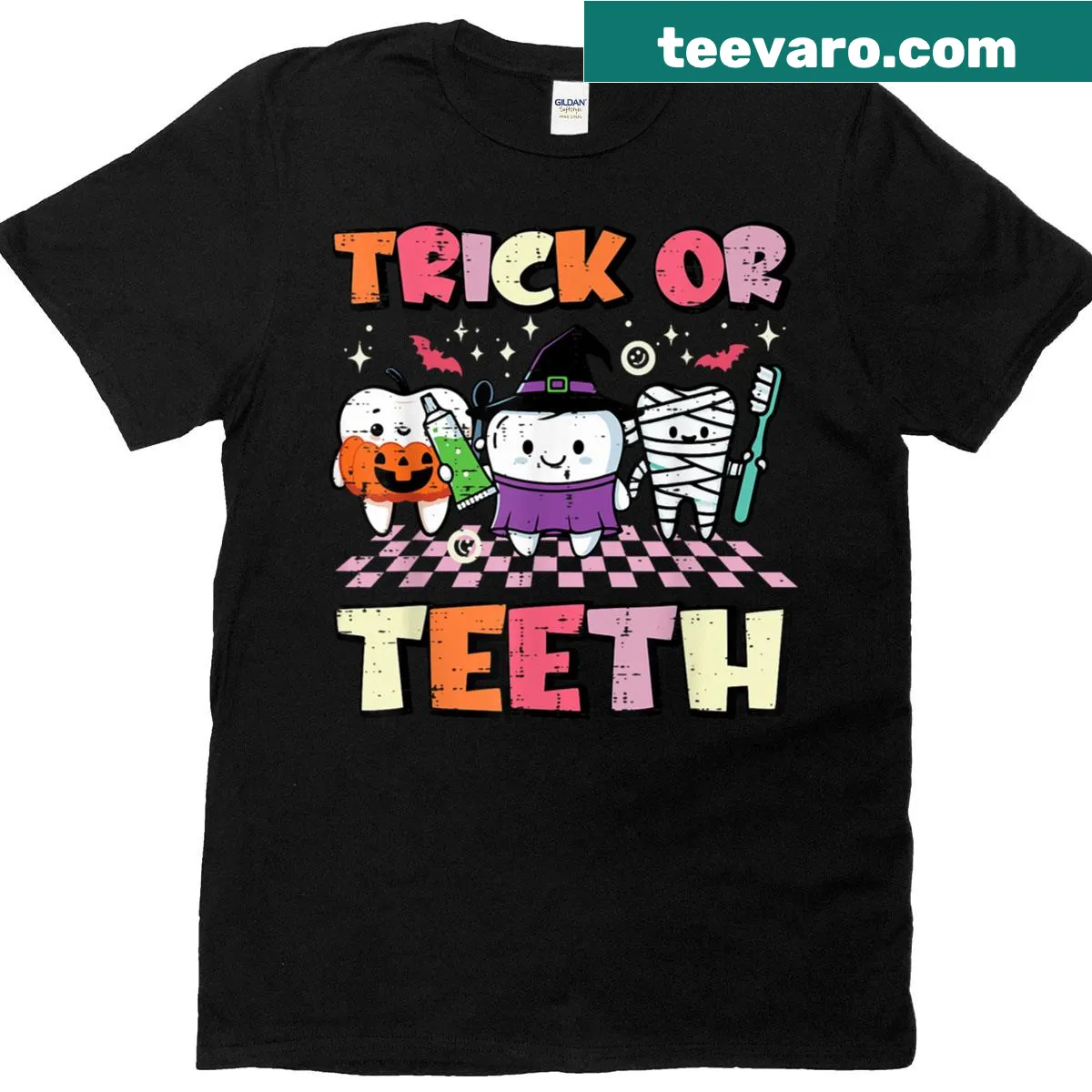 Humorous Halloween Dentist t-shirt with 'Trick or Teeth' text — on a men's t-shirt