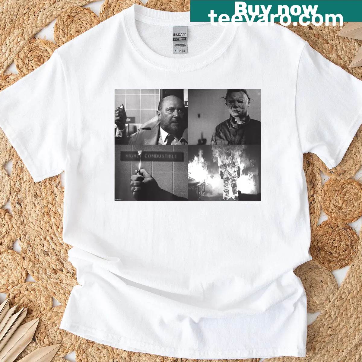 Illustration of Michael Myers and Dr. Loomis in a fire scene on t-shirt — on a men's t-shirt