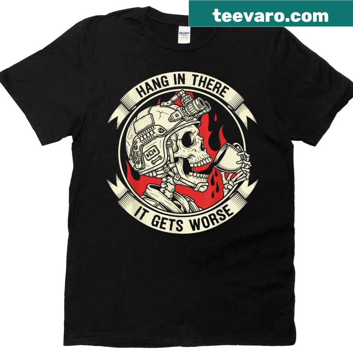 Dark humor t-shirt featuring a skeleton and flames with a funny quote — on a men's t-shirt