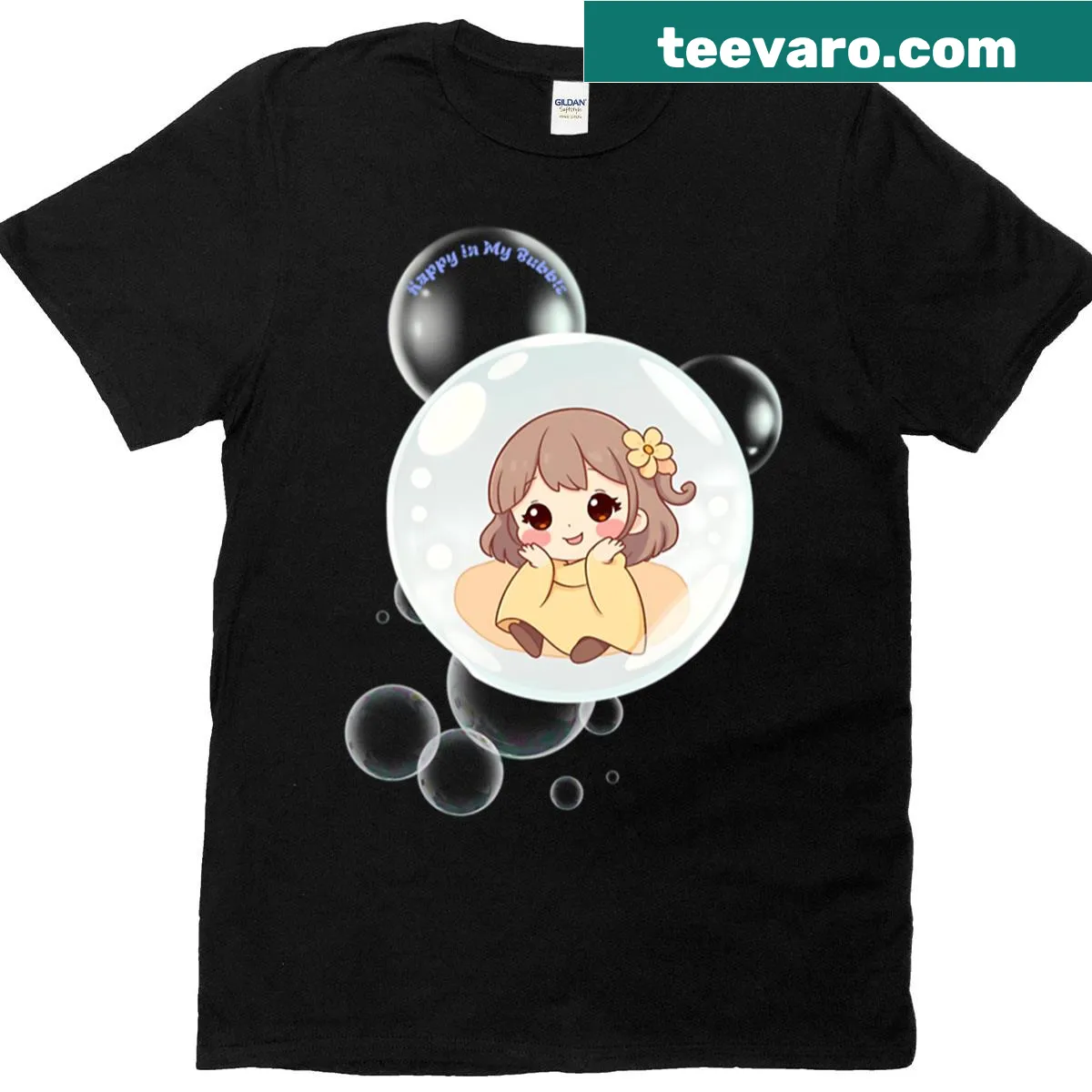 Introvert quote t-shirt saying 'Happy In My Bubble' — on a men's t-shirt