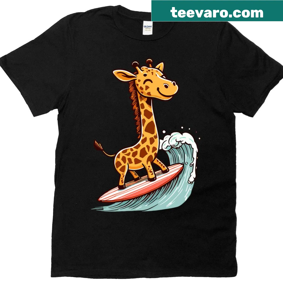 Cartoon giraffe surfing graphic T-shirt — on a men's t-shirt