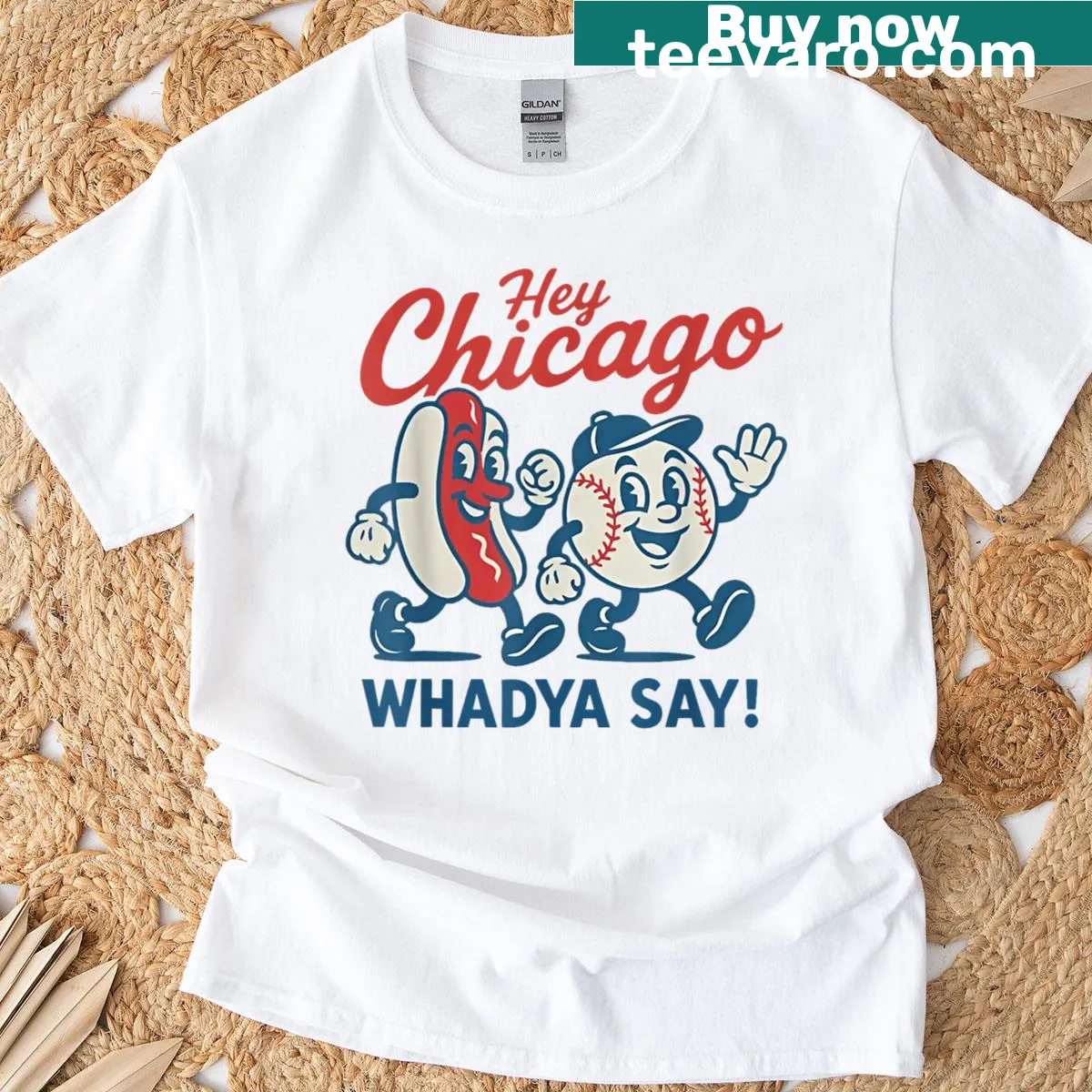 Chicago-themed baseball and hot dog t-shirt — on a men's t-shirt
