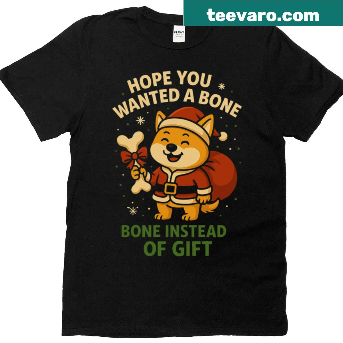 Funny Christmas t-shirt featuring a Shiba Inu and a bone graphic — on a men's t-shirt