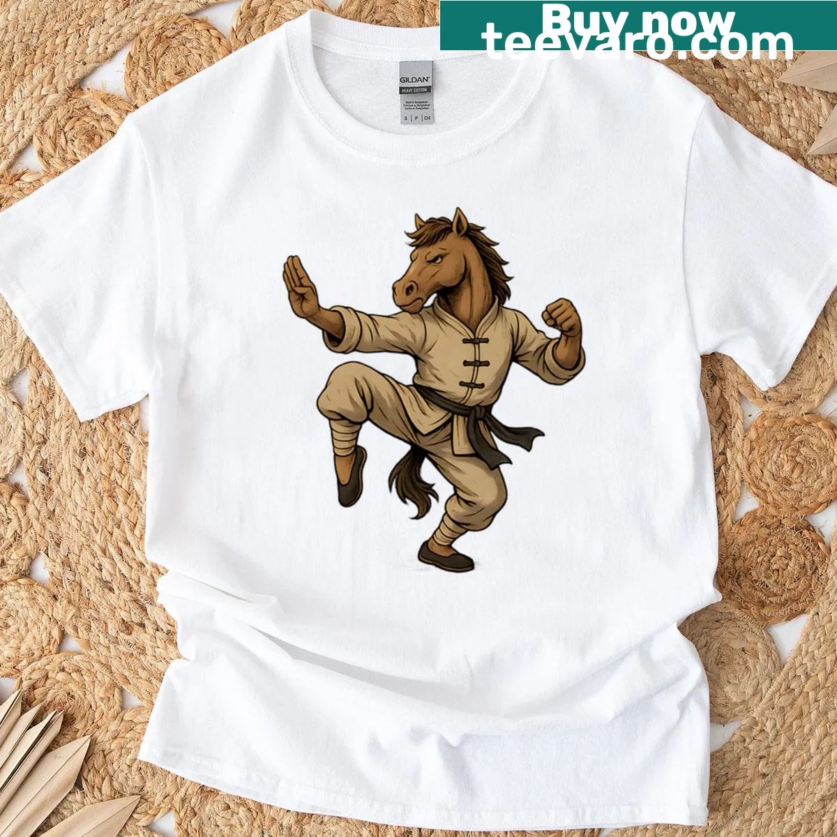 Illustration of a horse practicing kung fu on a T-shirt — on a men's t-shirt