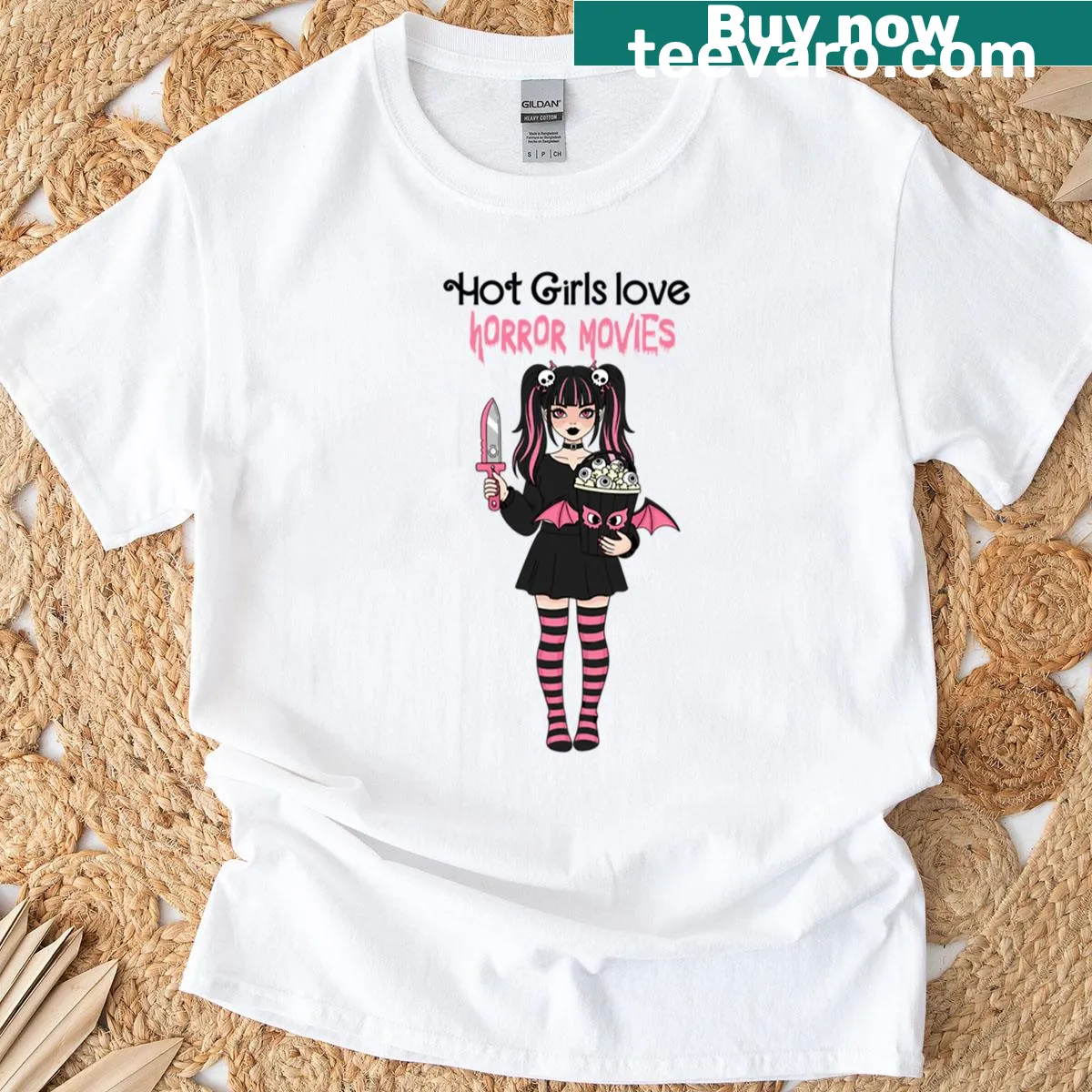 T-shirt with the phrase 'Hot Girls Love Horror Movies' — on a men's t-shirt
