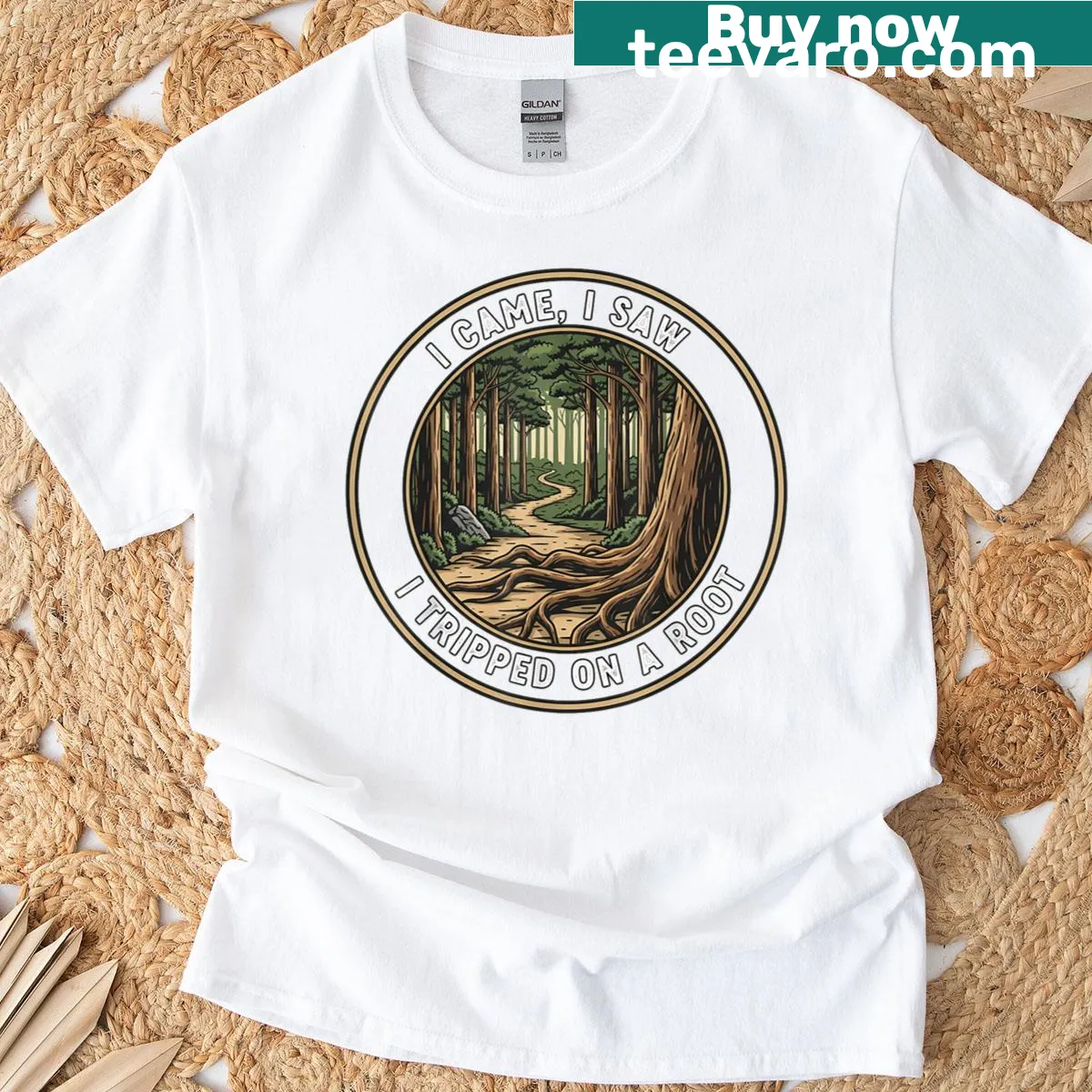Funny hiking t-shirt with retro text about tripping — on a men's t-shirt