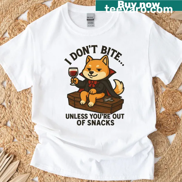 Humorous vampire Shiba Inu graphic with funny phrase