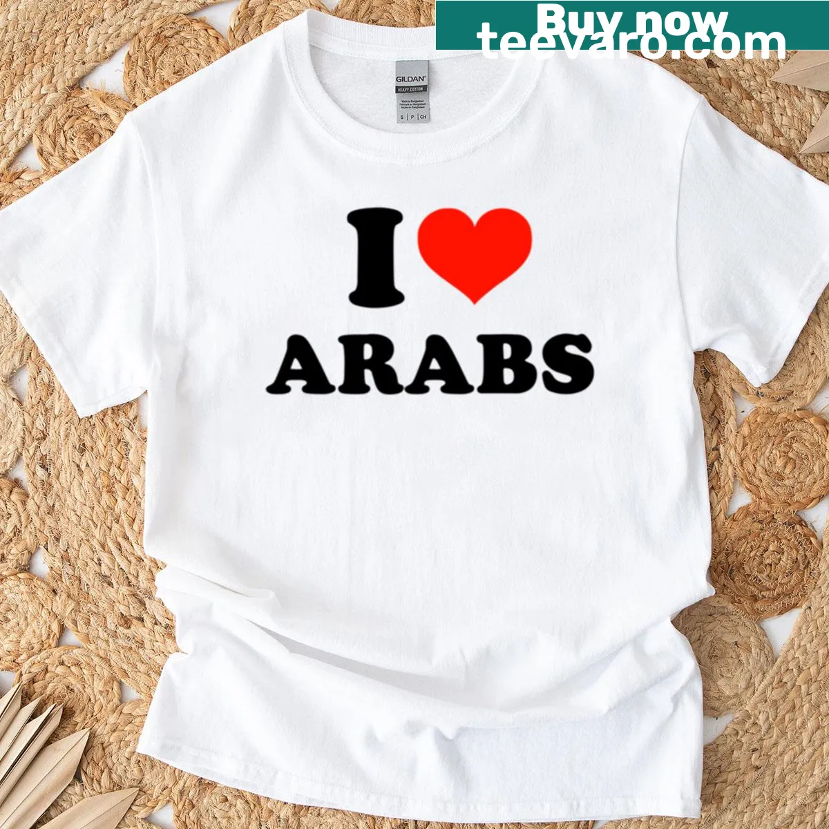 T-shirt with a heart graphic and text declaring love for Arabs. — on a men's t-shirt