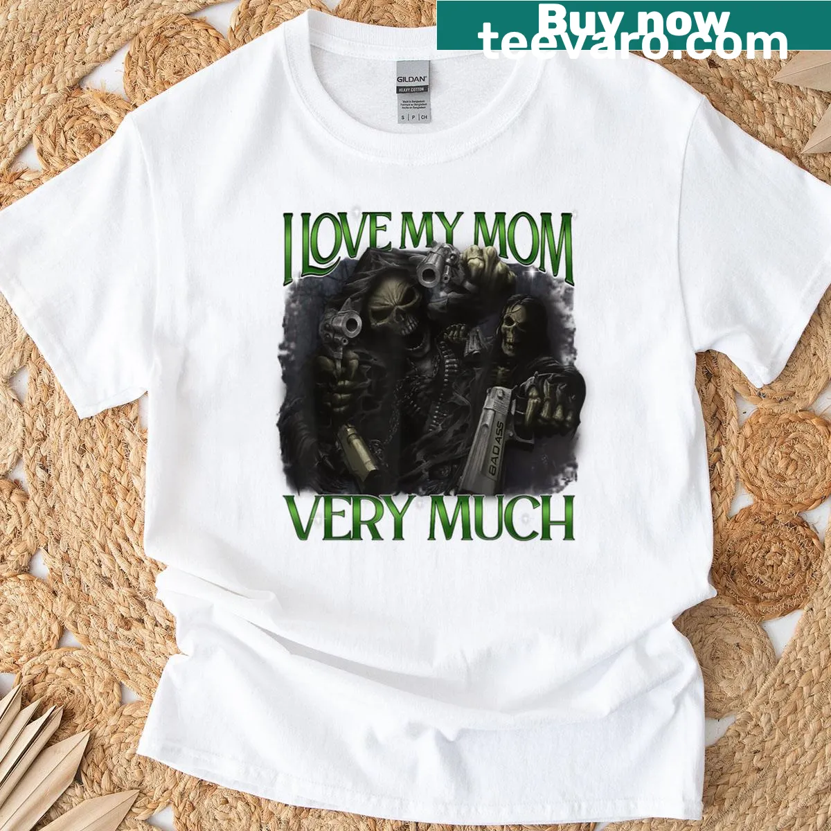 Funny t-shirt with skeleton design and 'I Love My Mom Very Much' text — on a men's t-shirt
