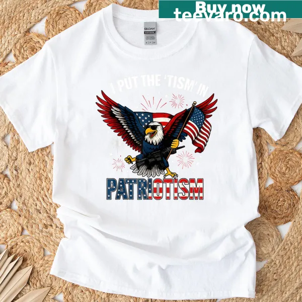 Funny patriotic t-shirt with eagle and playful text about patriotism