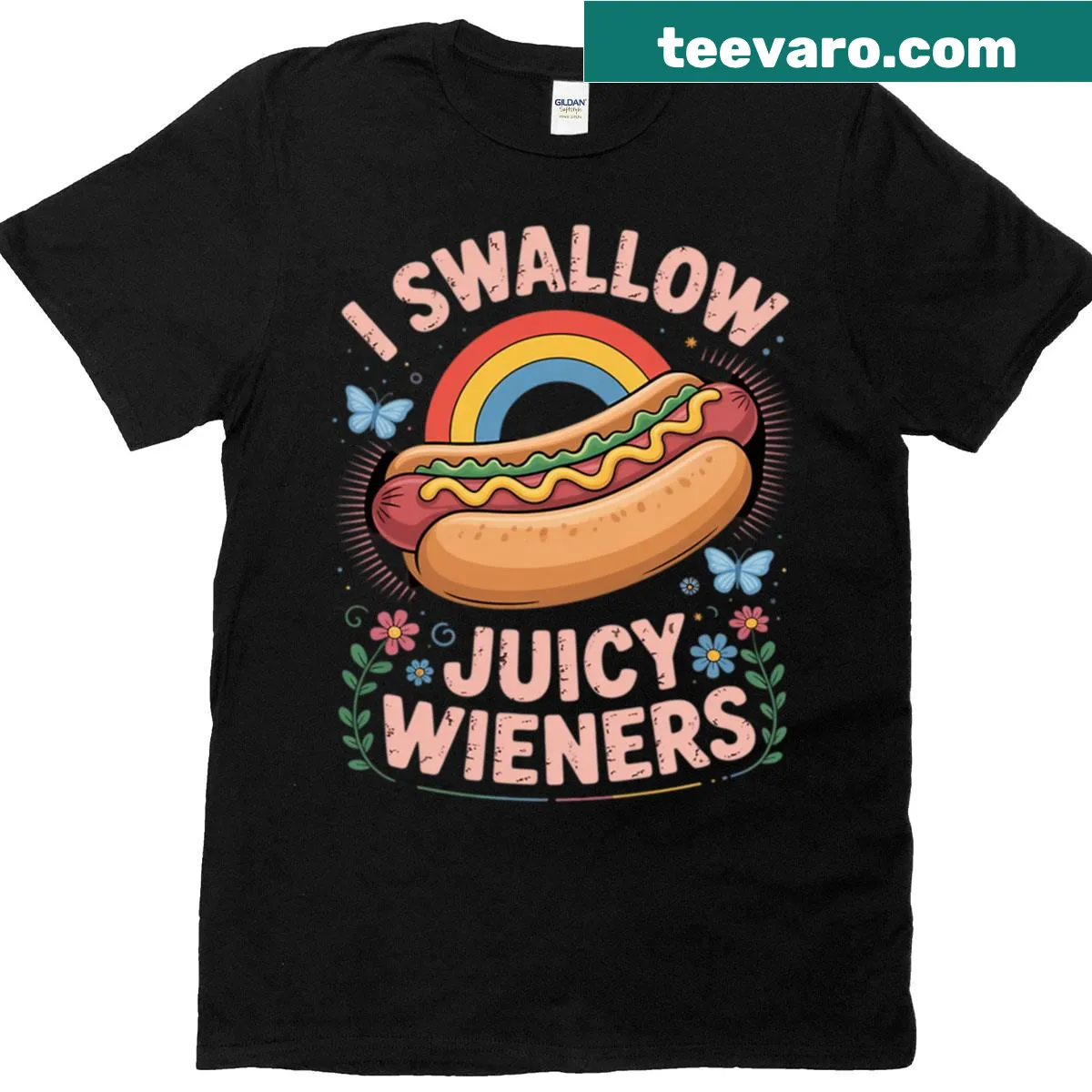 Edgy I Swallow Juicy Wiener T-shirt with humorous text — on a men's t-shirt