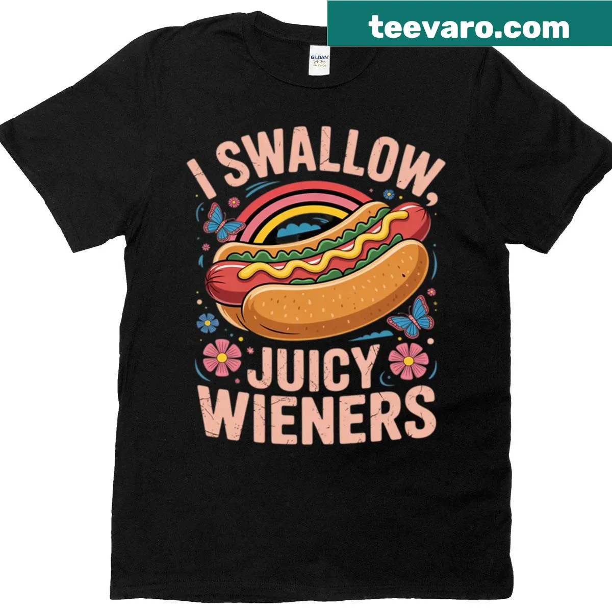 Humor-focused T-shirt for women displaying the phrase I Swallow Juicy Wieners in bold letters. — on a men's t-shirt