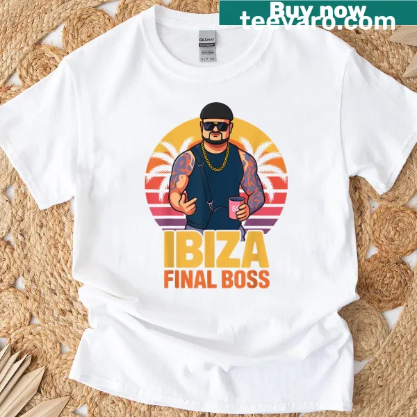 Vintage-style T-shirt with 'Ibiza Final Boss' text and retro design